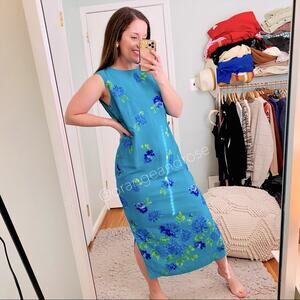 Vintage R&K Originals Blue Floral Button Side Comfy Slit Maxi Dress Tropical 8